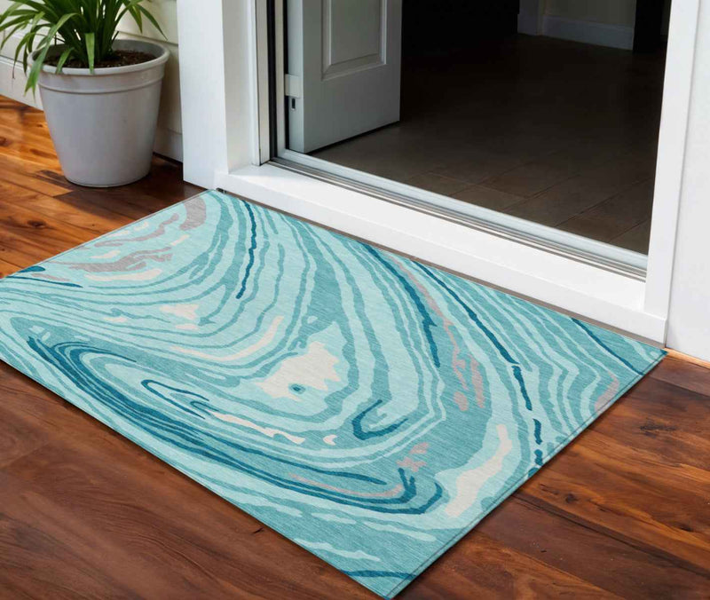 3' X 5' Turquoise Teal Blue And Gray Abstract Washable Indoor Outdoor Area Rug