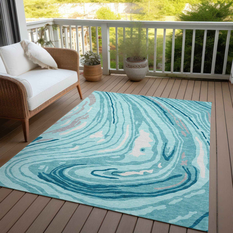 3' X 5' Turquoise Teal Blue And Gray Abstract Washable Indoor Outdoor Area Rug