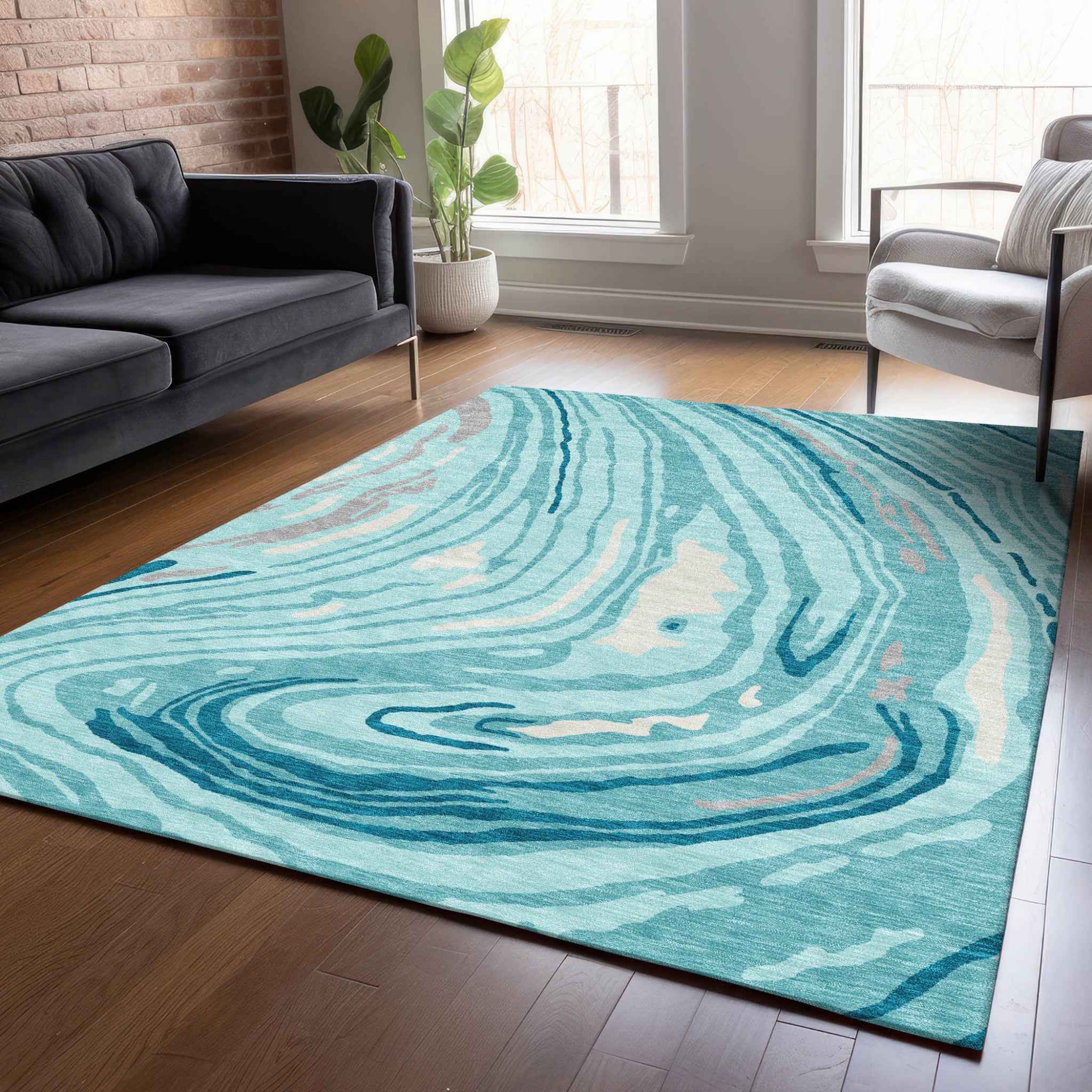 3' X 5' Turquoise Teal Blue And Gray Abstract Washable Indoor Outdoor Area Rug