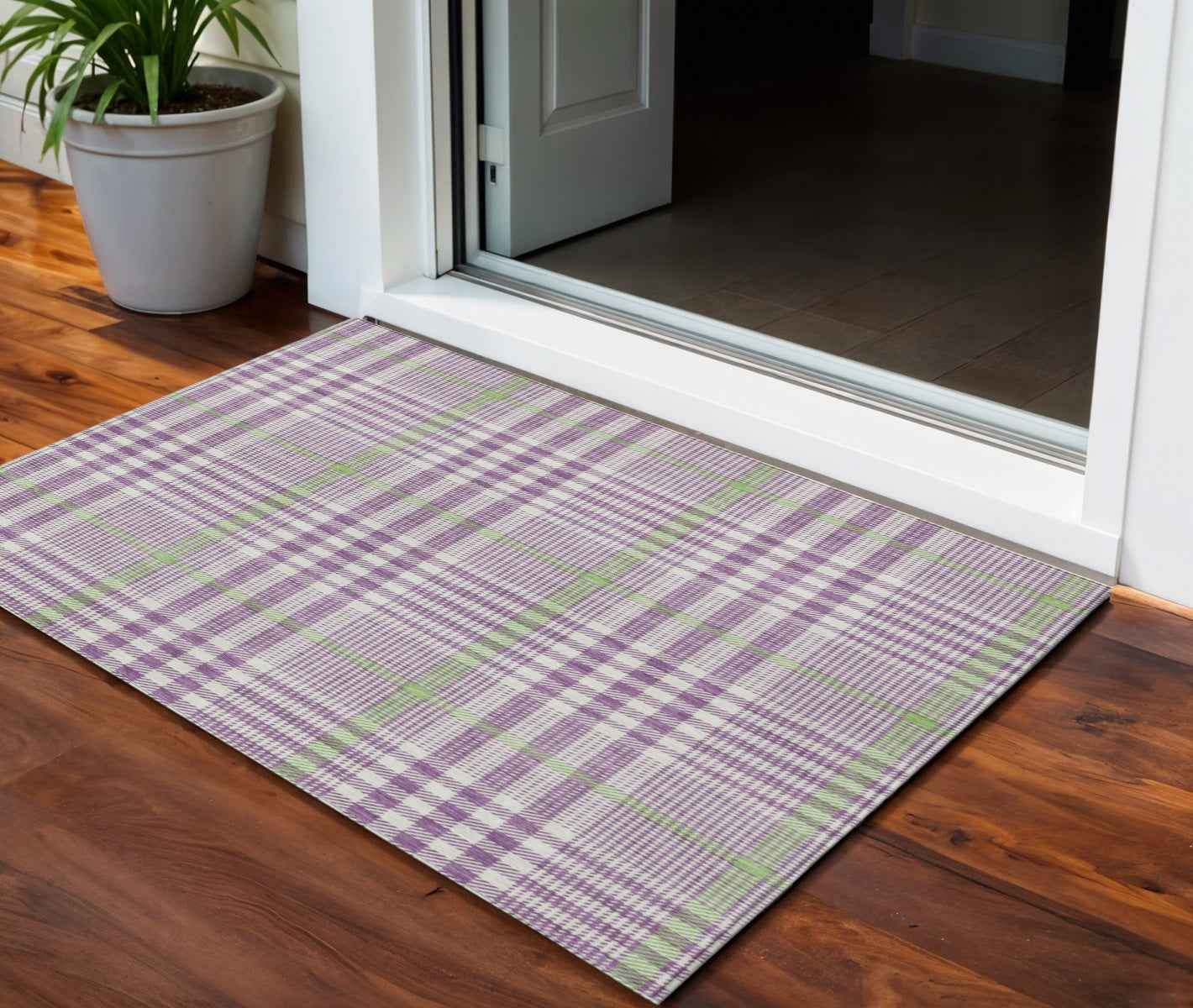 3' X 5' Purple Green And Ivory Plaid Washable Indoor Outdoor Area Rug
