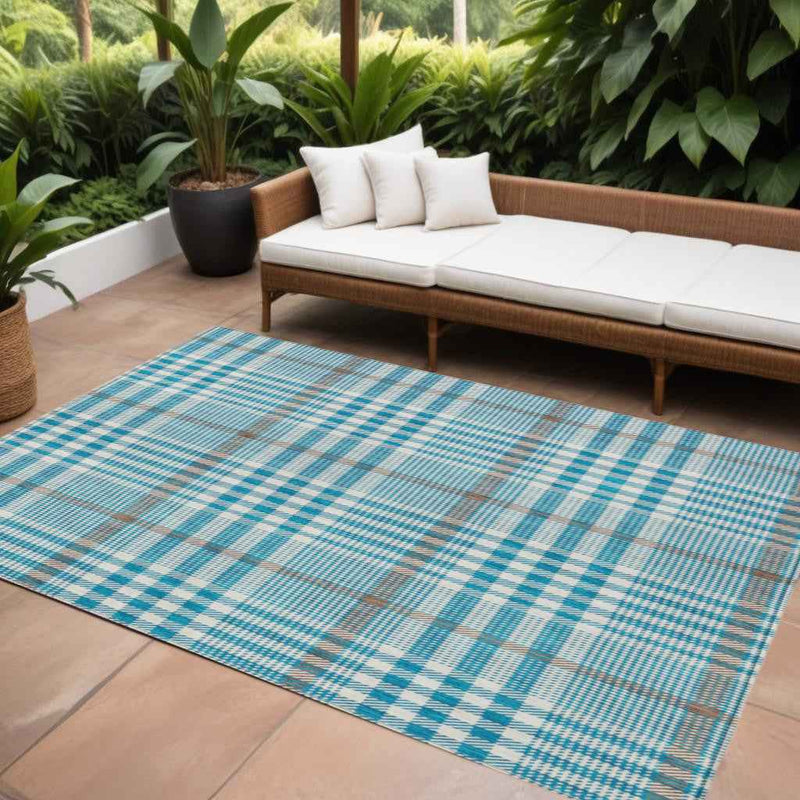 10' X 14' Teal Blue Ivory And Brown Plaid Washable Indoor Outdoor Area Rug