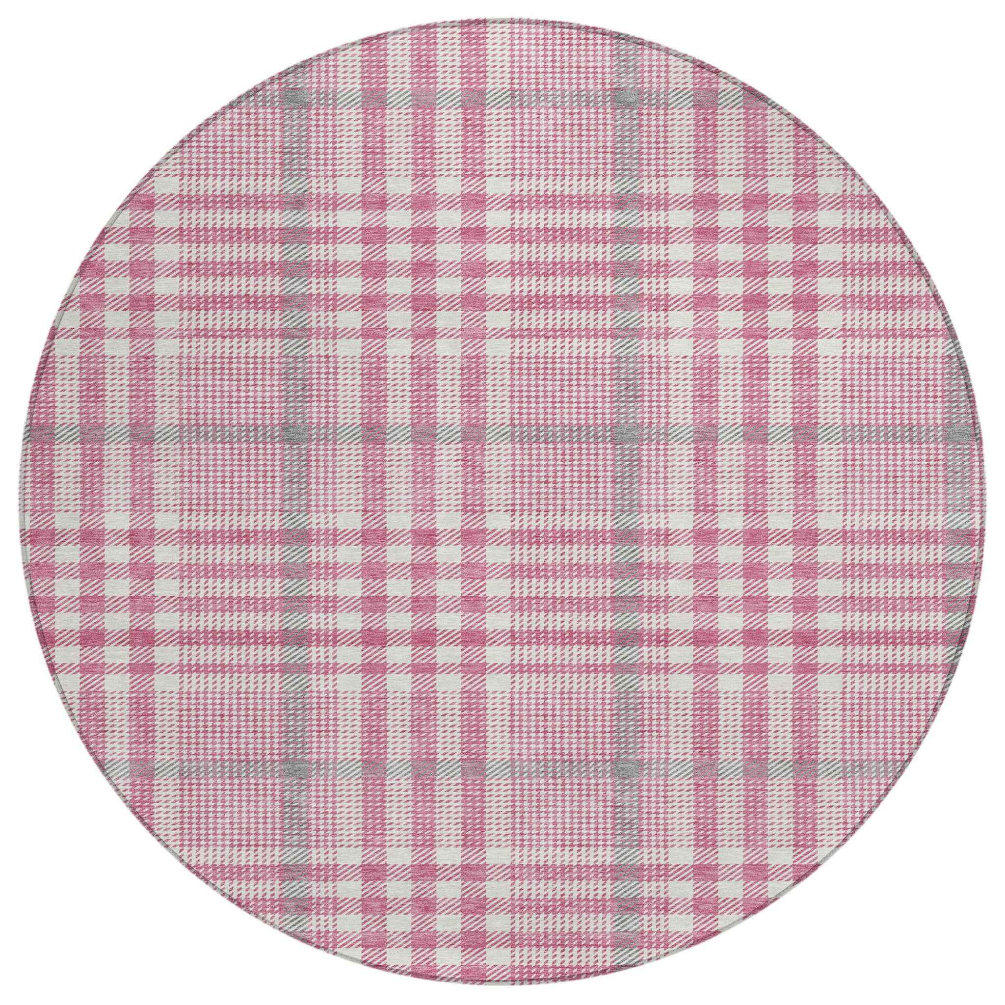 8' Blush Gray And Ivory Round Plaid Washable Indoor Outdoor Area Rug