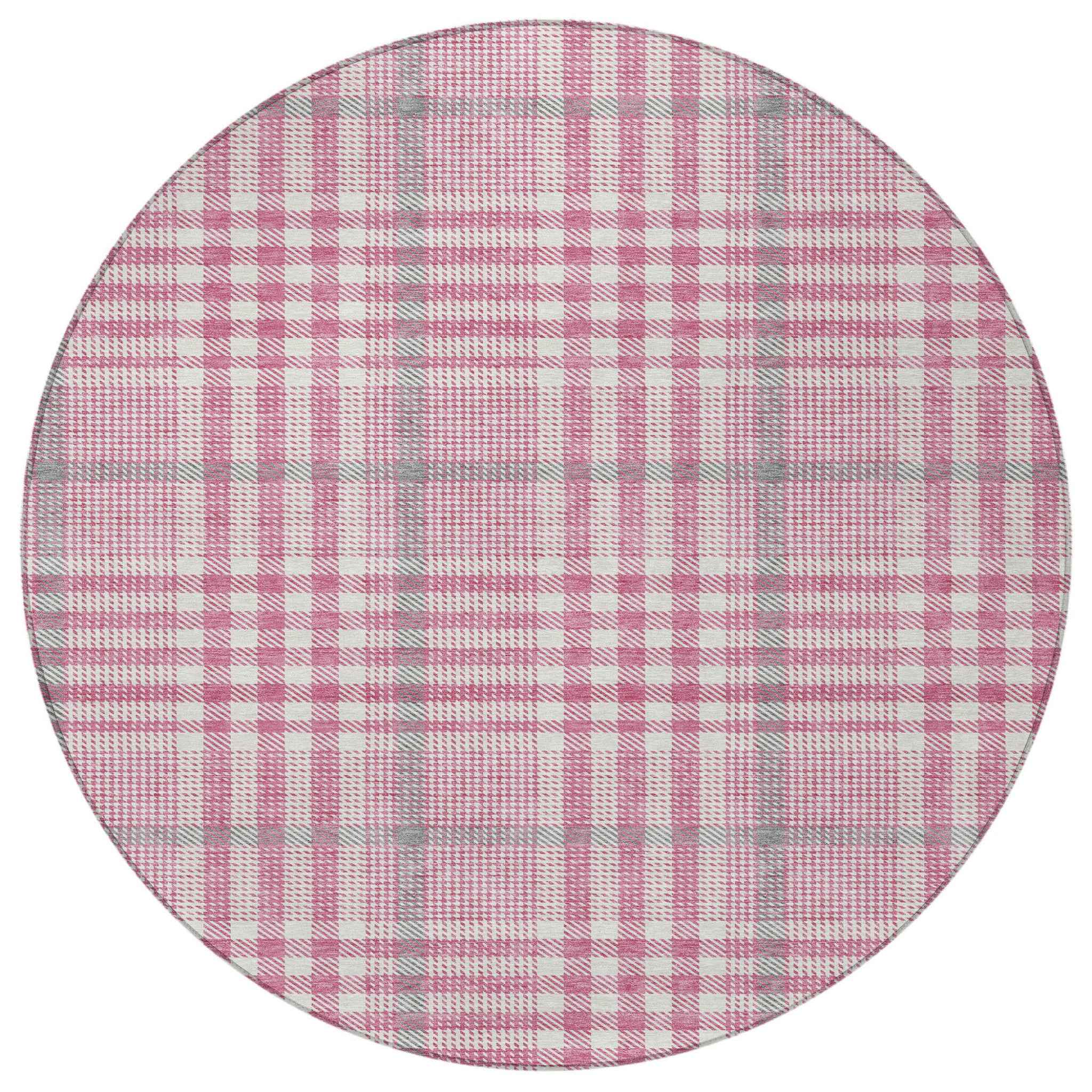8' Blush Gray And Ivory Round Plaid Washable Indoor Outdoor Area Rug