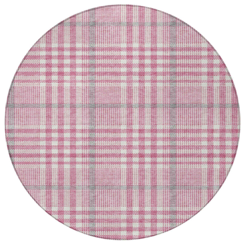 8' Blush Gray And Ivory Round Plaid Washable Indoor Outdoor Area Rug