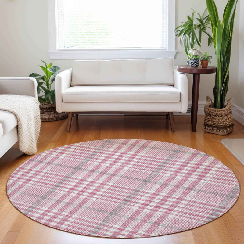 8' Blush Gray And Ivory Round Plaid Washable Indoor Outdoor Area Rug