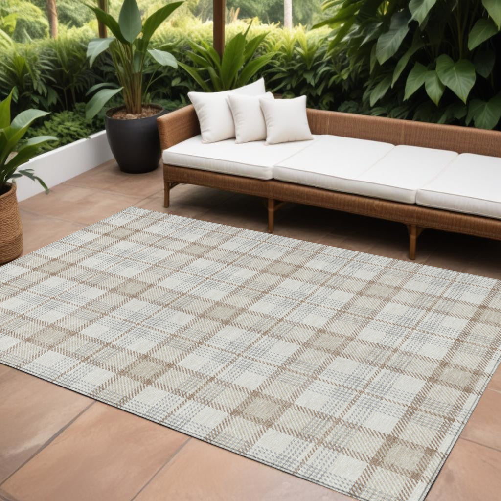 9' X 12' Linen And Brown Plaid Washable Indoor Outdoor Area Rug - Outdoor