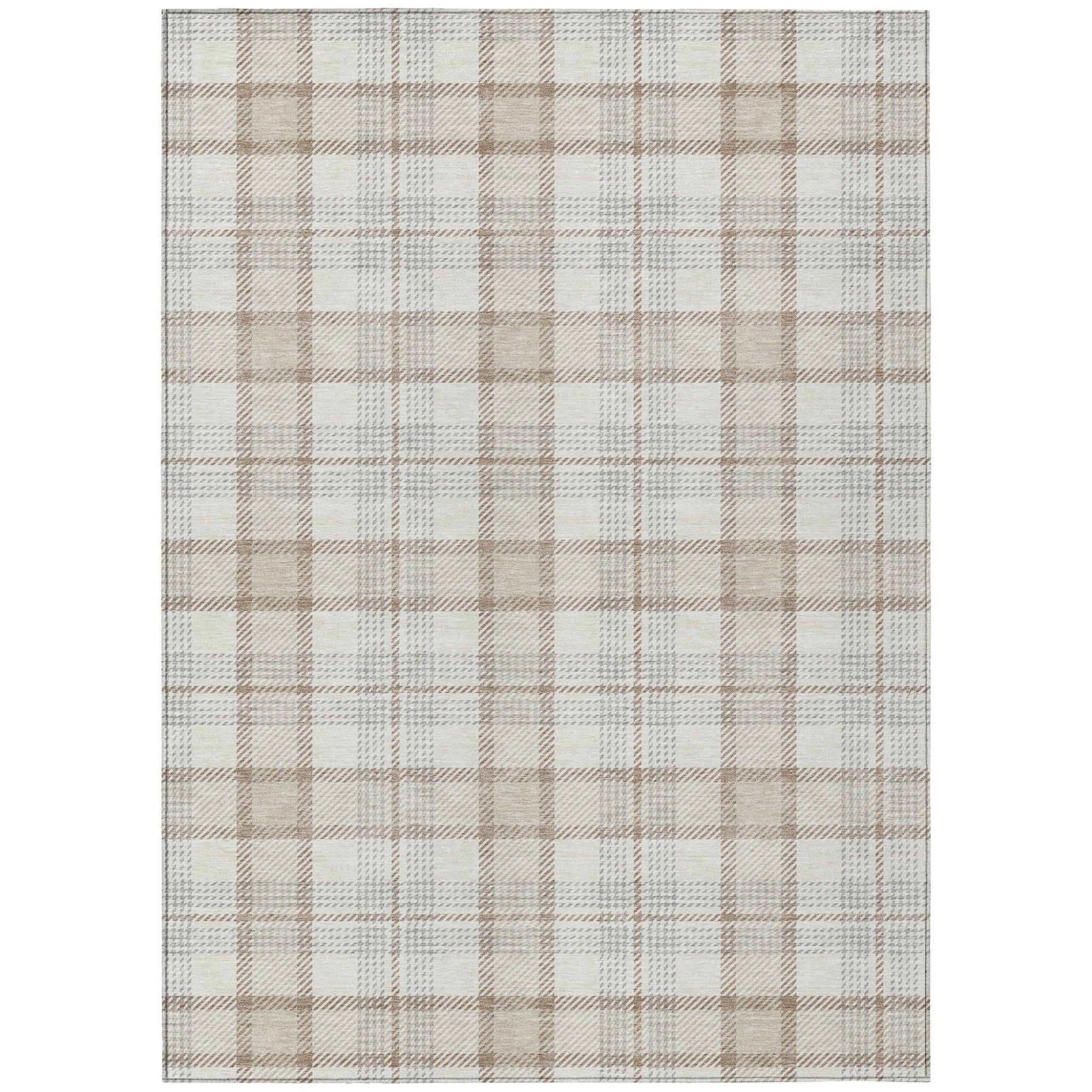 9' X 12' Linen And Brown Plaid Washable Indoor Outdoor Area Rug - Outdoor