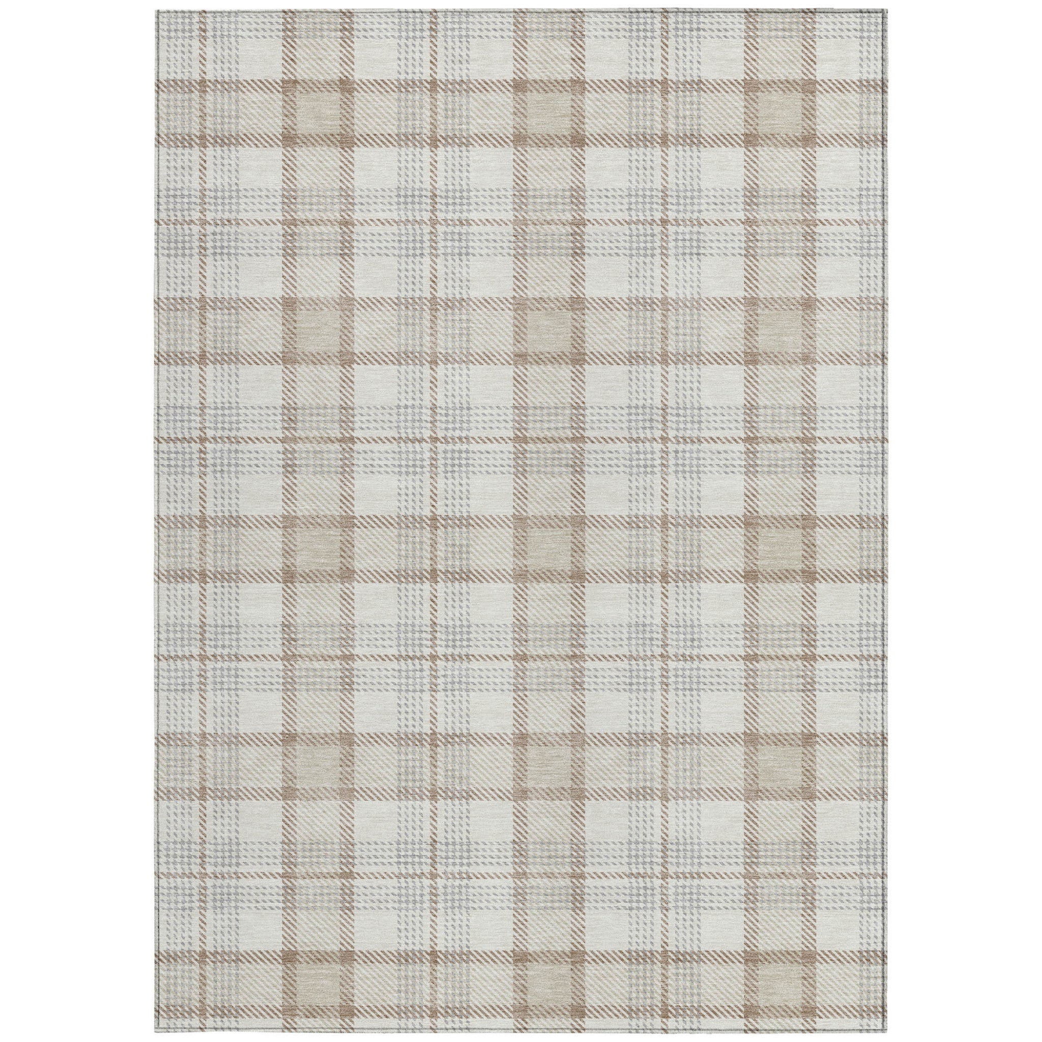 9' X 12' Linen And Brown Plaid Washable Indoor Outdoor Area Rug - Outdoor