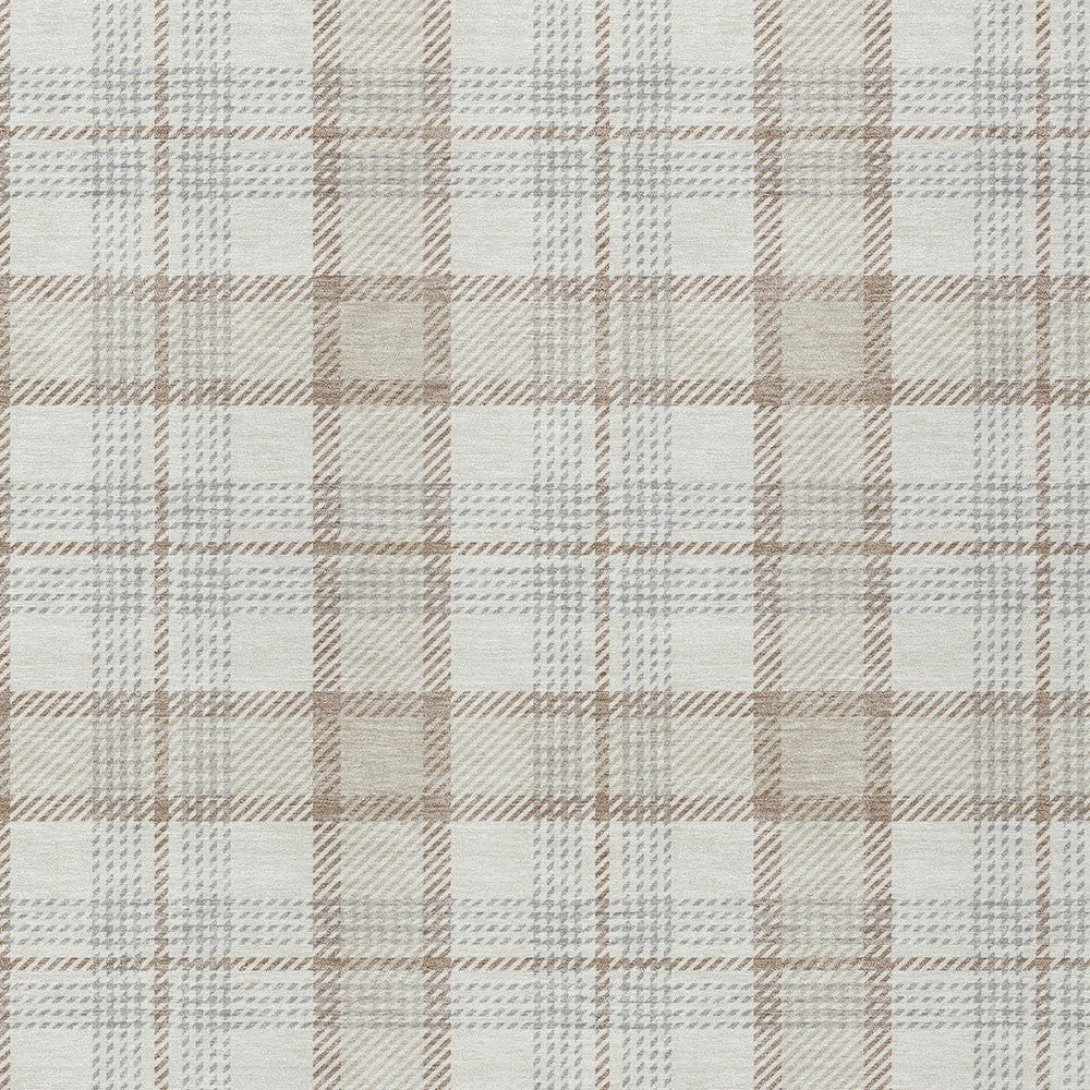9' X 12' Linen And Brown Plaid Washable Indoor Outdoor Area Rug - Outdoor