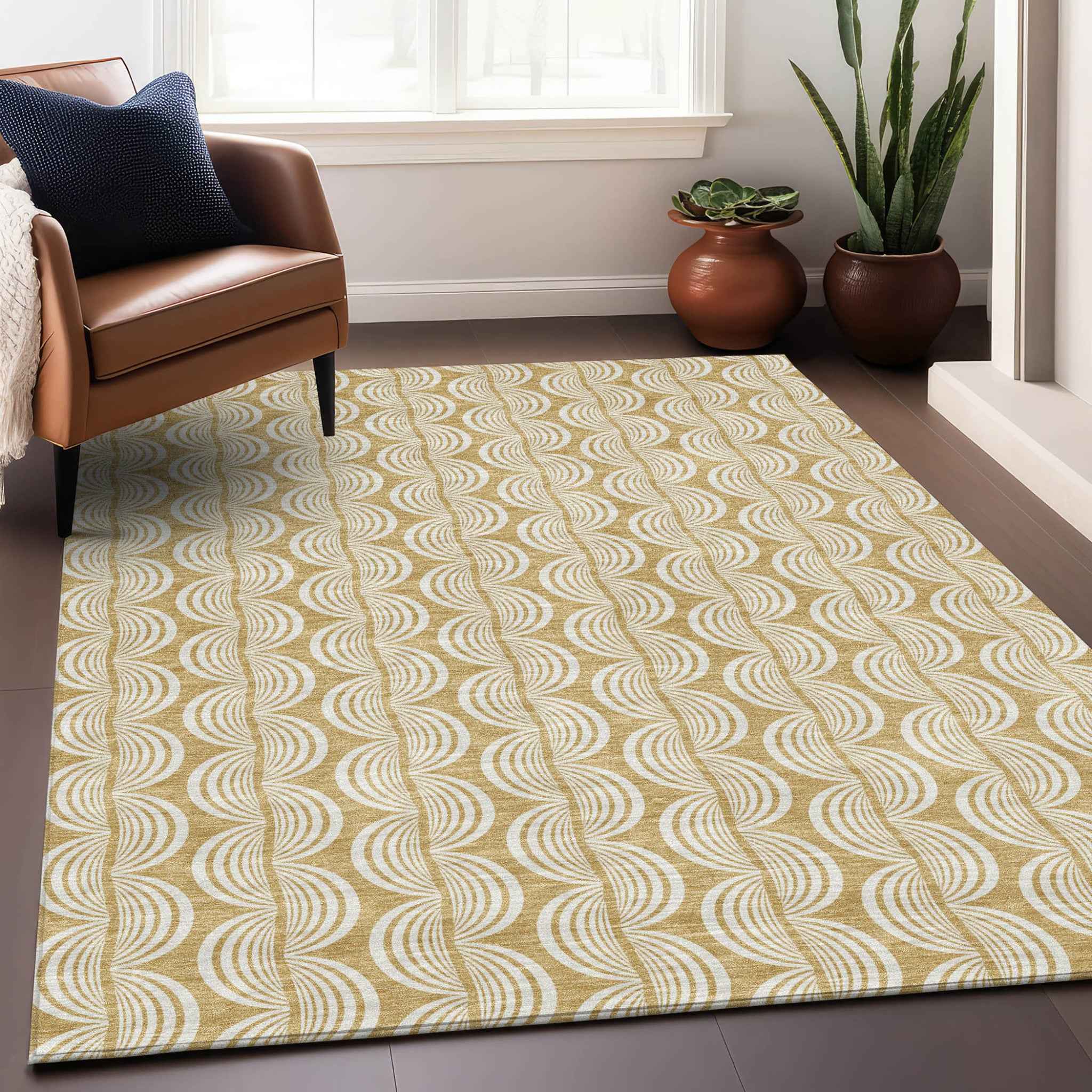 8' X 10' Gold And Beige Ogee Washable Indoor Outdoor Area Rug