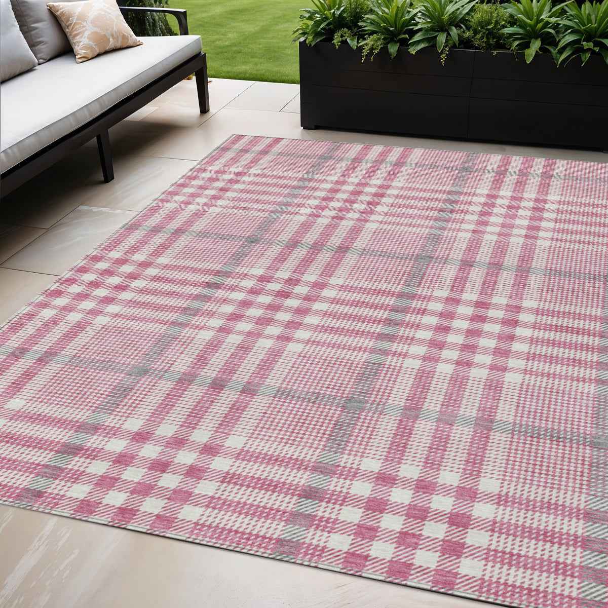 5' X 8' Blush Gray And Ivory Plaid Washable Indoor Outdoor Area Rug