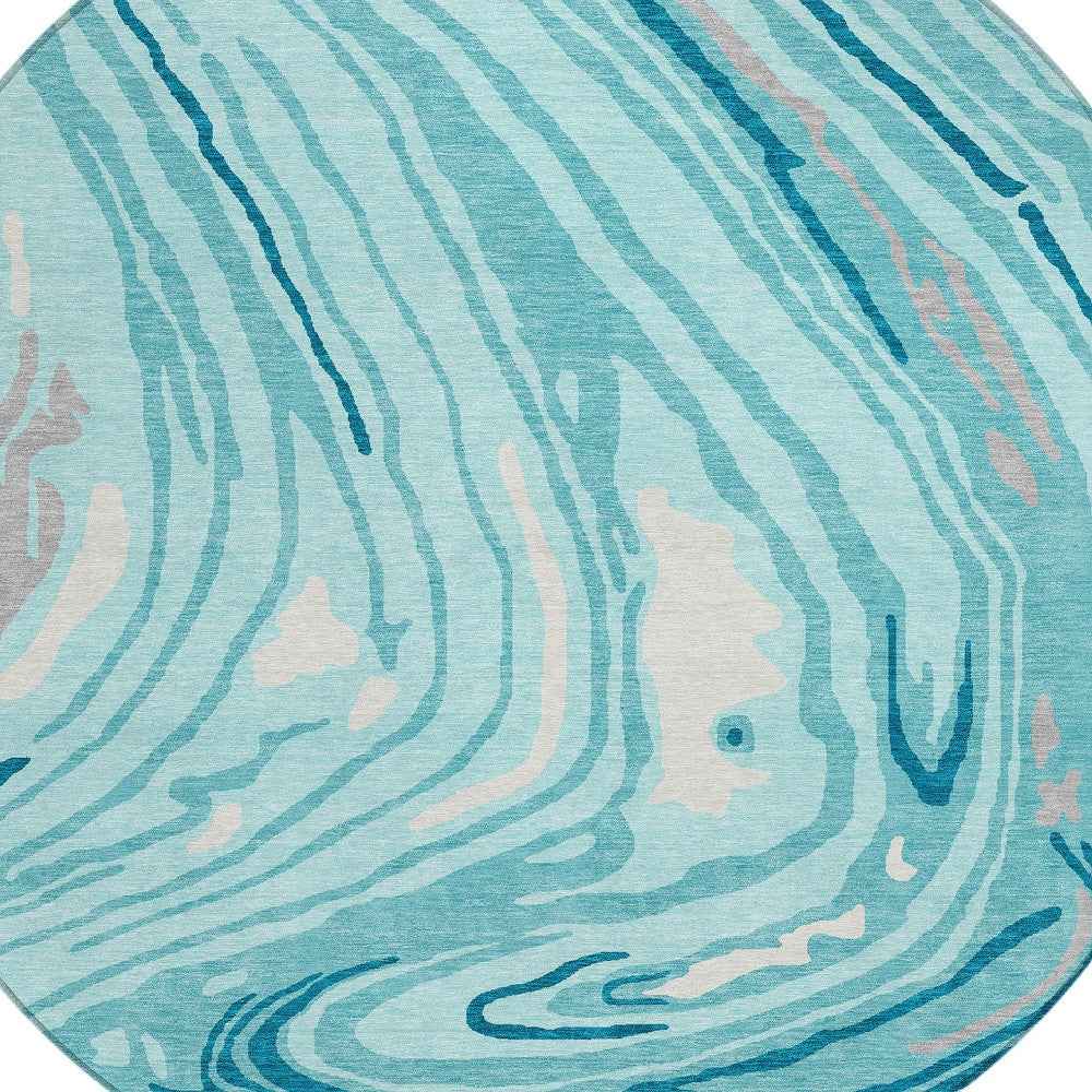 8' Turquoise Teal Blue And Gray Round Abstract Washable Indoor Outdoor Area Rug