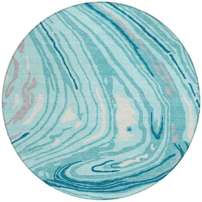 8' Turquoise Teal Blue And Gray Round Abstract Washable Indoor Outdoor Area Rug