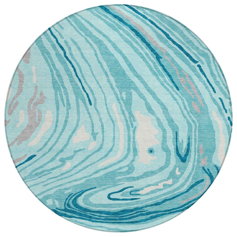 8' Turquoise Teal Blue And Gray Round Abstract Washable Indoor Outdoor Area Rug