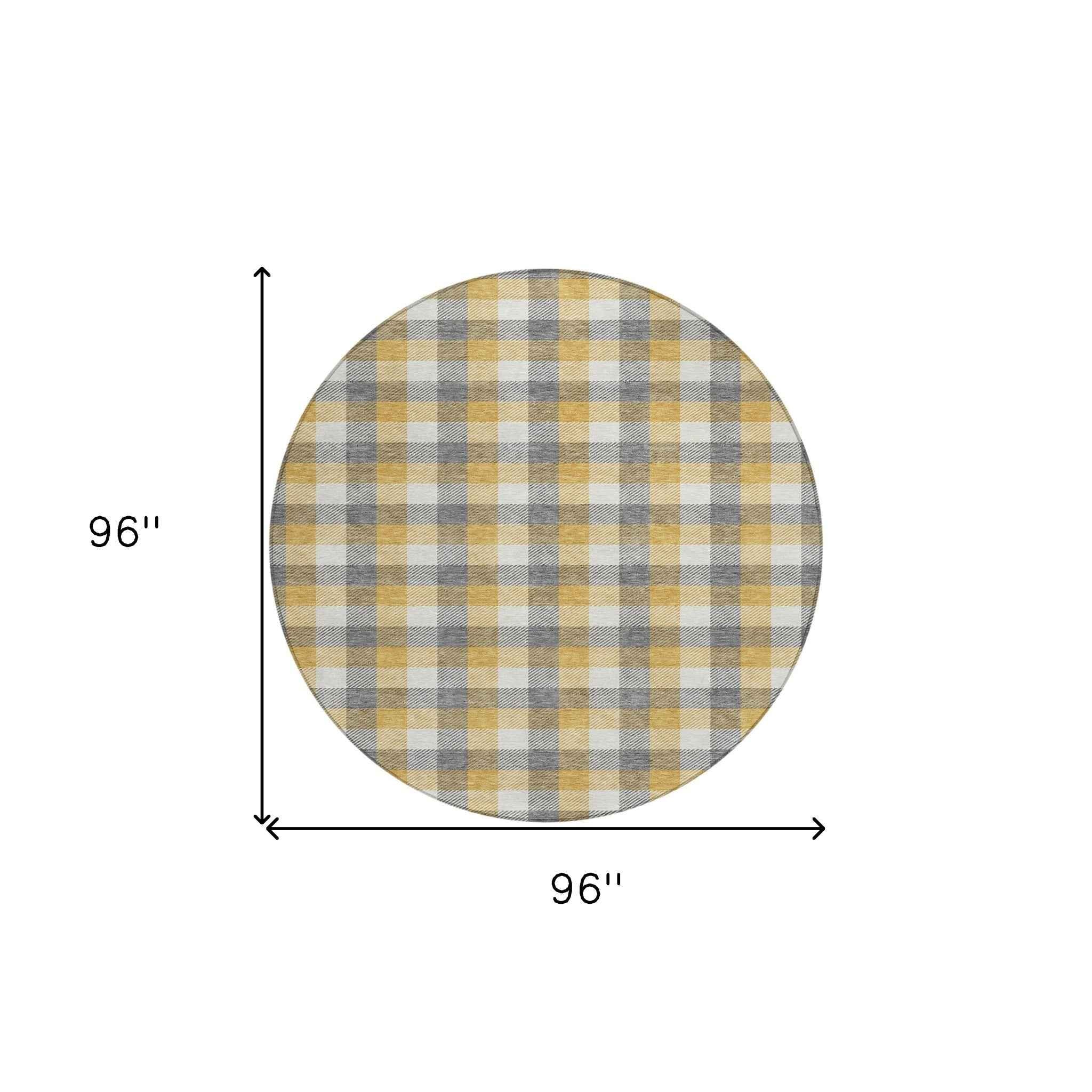 8' Gray Tan And Beige Round Plaid Washable Indoor Outdoor Area Rug
