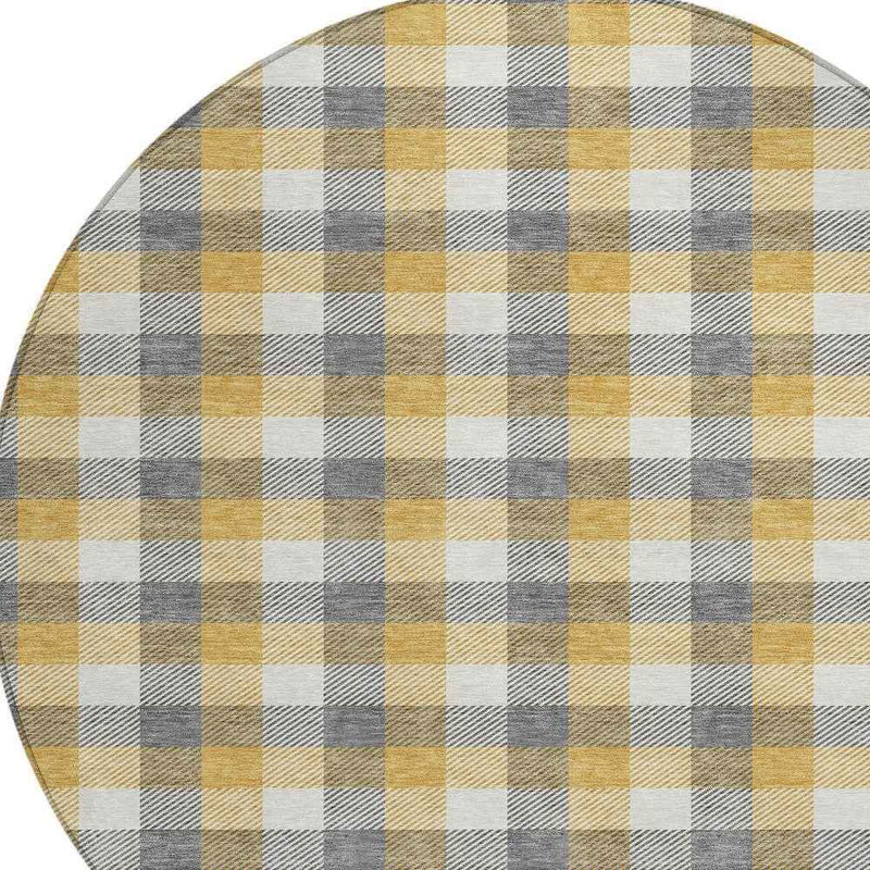 8' Gray Tan And Beige Round Plaid Washable Indoor Outdoor Area Rug