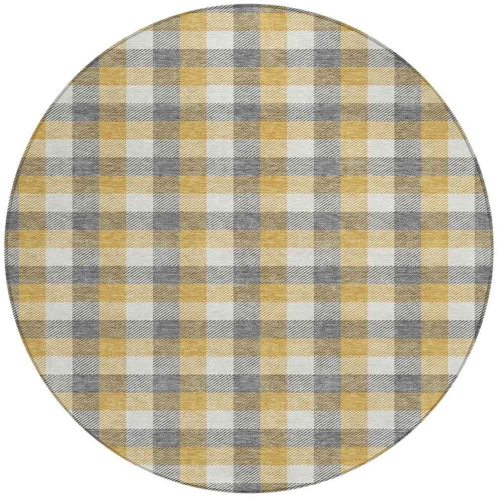 8' Gray Tan And Beige Round Plaid Washable Indoor Outdoor Area Rug