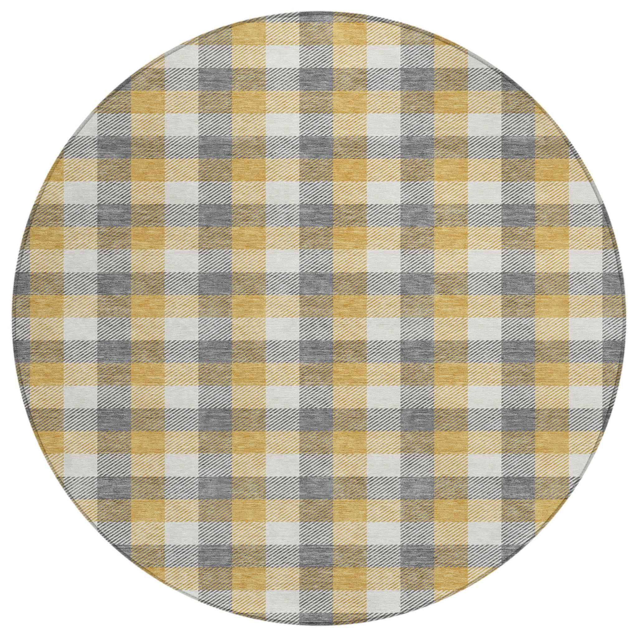 8' Gray Tan And Beige Round Plaid Washable Indoor Outdoor Area Rug