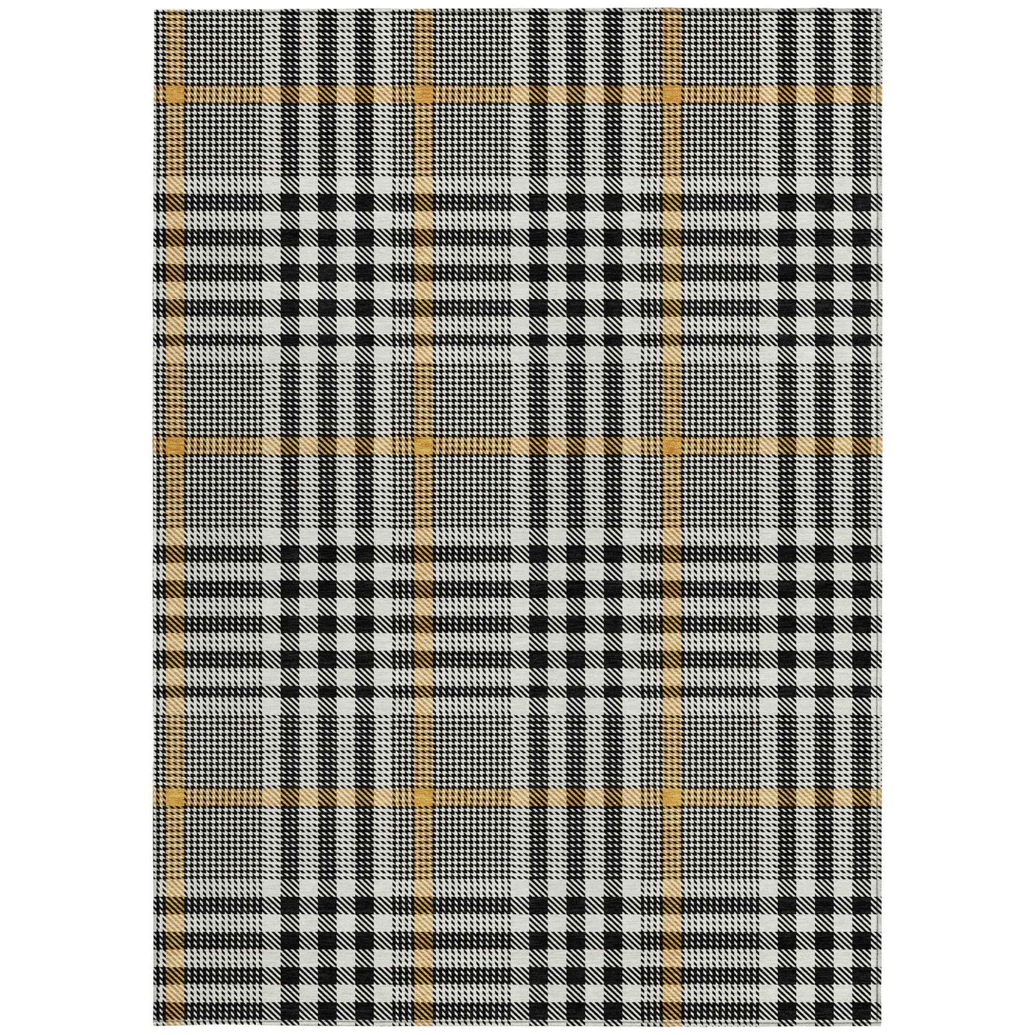 3' X 5' Black Gold And Ivory Plaid Washable Indoor Outdoor Area Rug