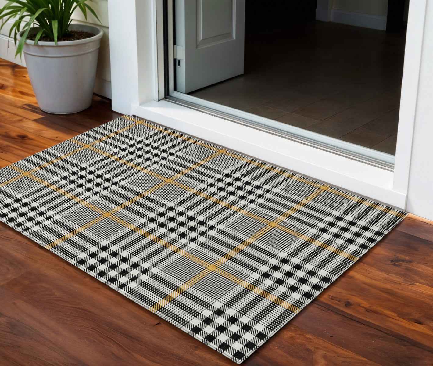 3' X 5' Black Gold And Ivory Plaid Washable Indoor Outdoor Area Rug