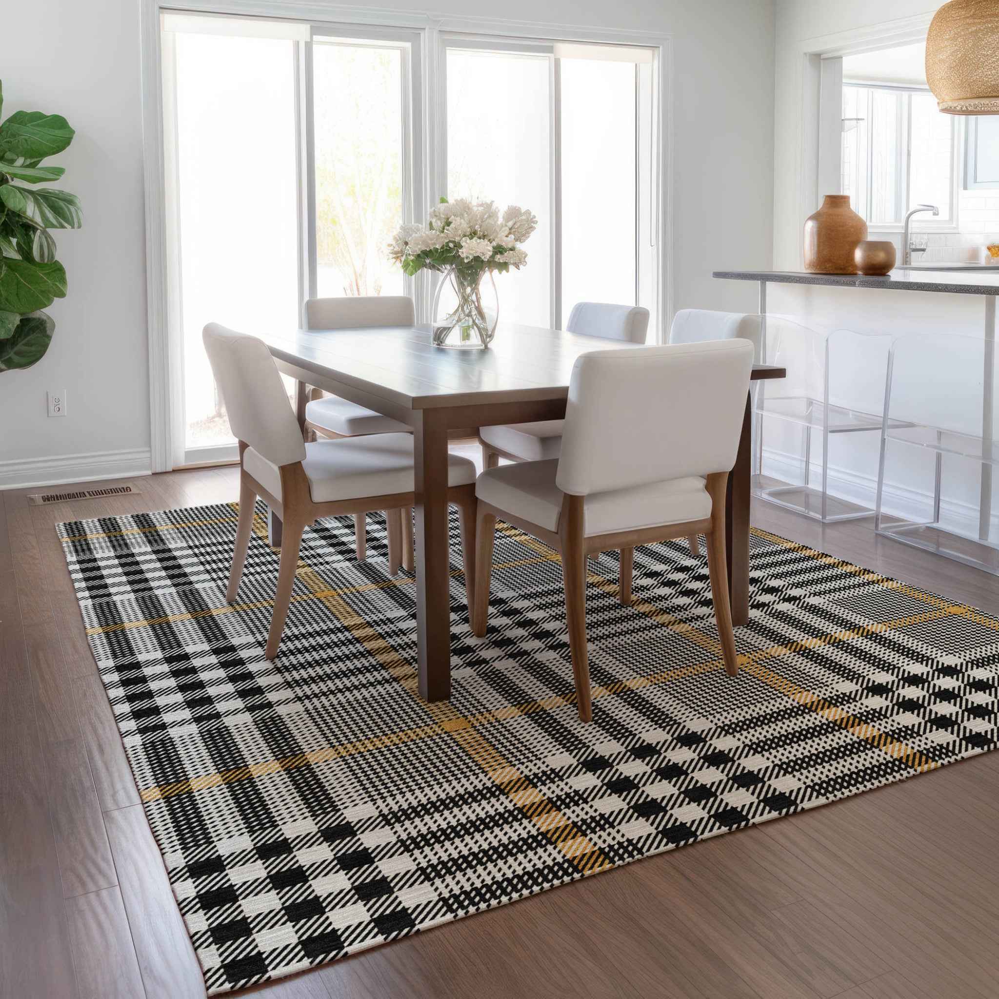 3' X 5' Black Gold And Ivory Plaid Washable Indoor Outdoor Area Rug