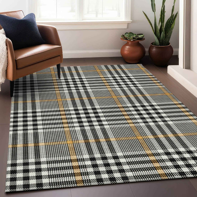 3' X 5' Black Gold And Ivory Plaid Washable Indoor Outdoor Area Rug