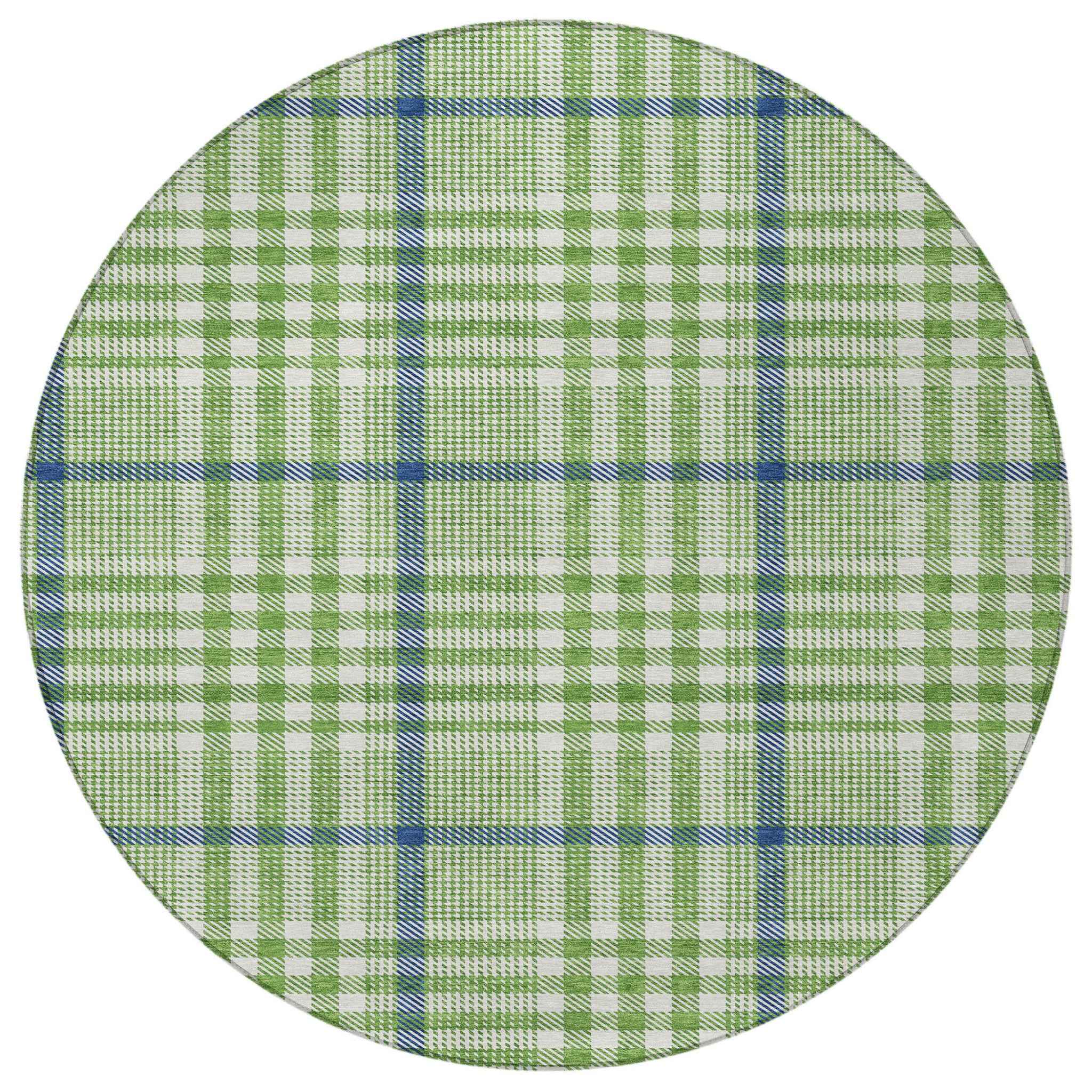 8' Green And Ivory Round Plaid Washable Indoor Outdoor Area Rug