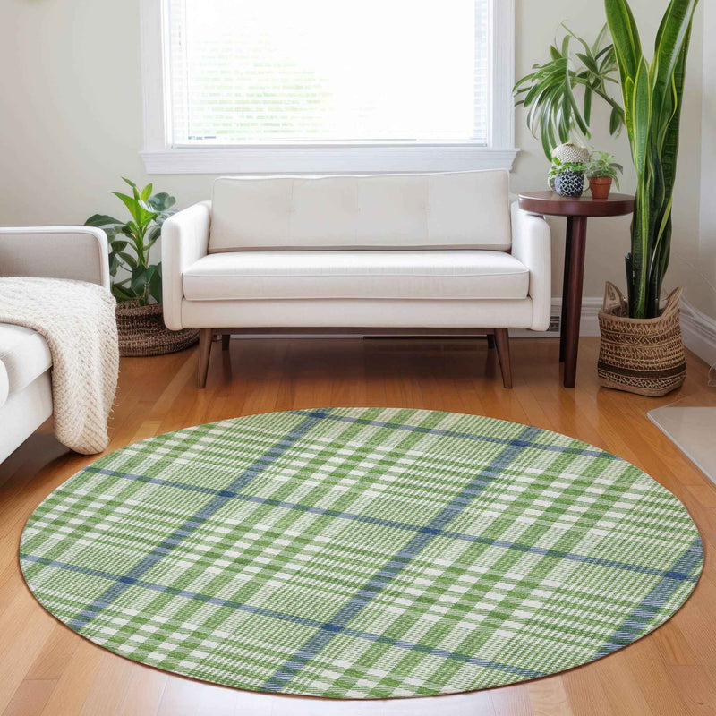 8' Green And Ivory Round Plaid Washable Indoor Outdoor Area Rug