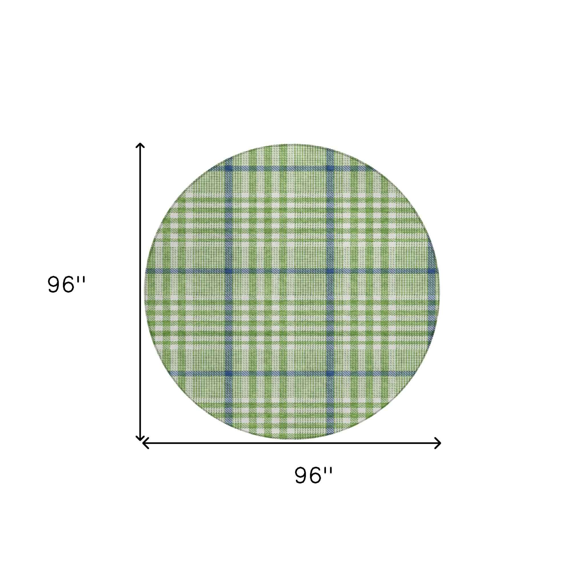 8' Green And Ivory Round Plaid Washable Indoor Outdoor Area Rug