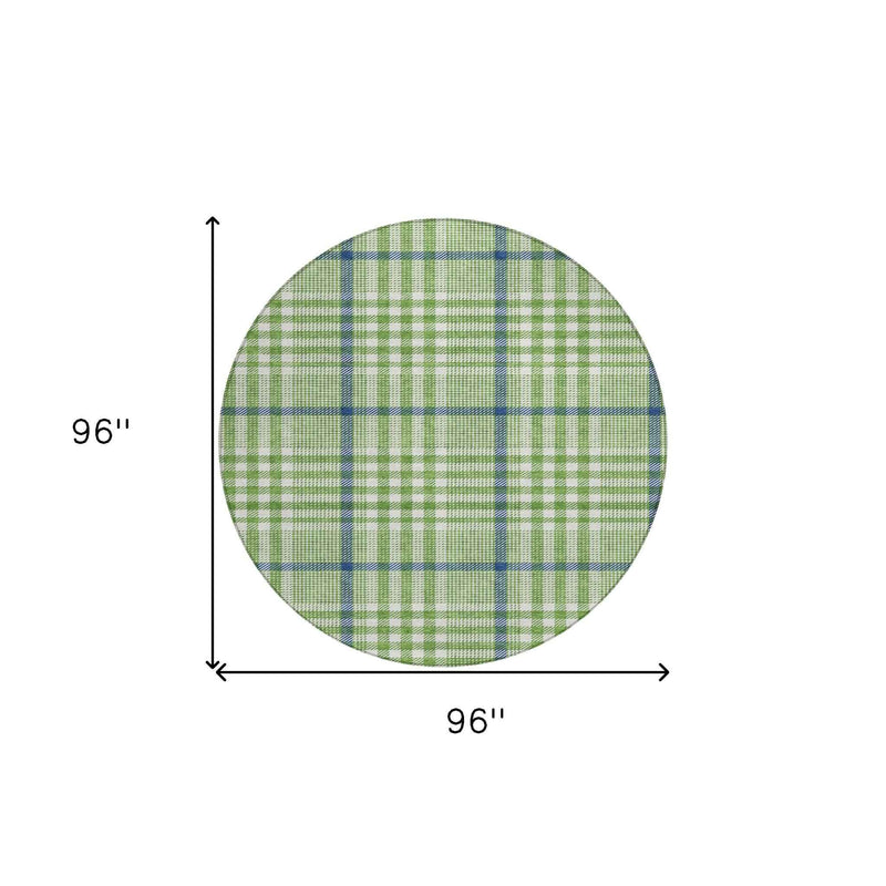 8' Green And Ivory Round Plaid Washable Indoor Outdoor Area Rug
