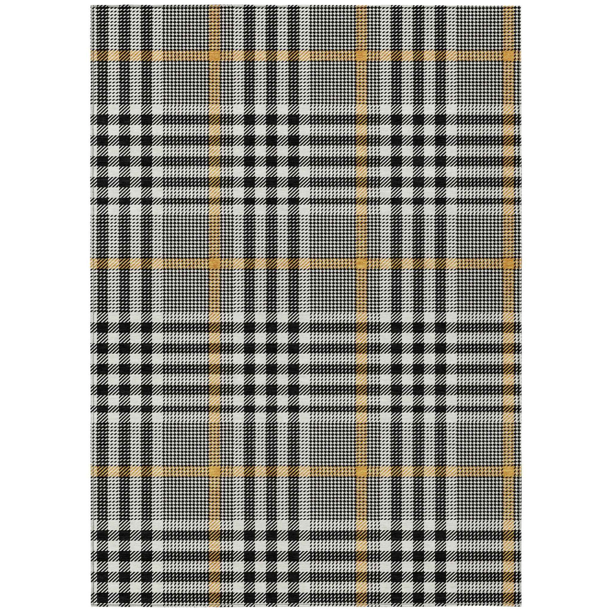 9' X 12' Black Gold And Ivory Plaid Washable Indoor Outdoor Area Rug
