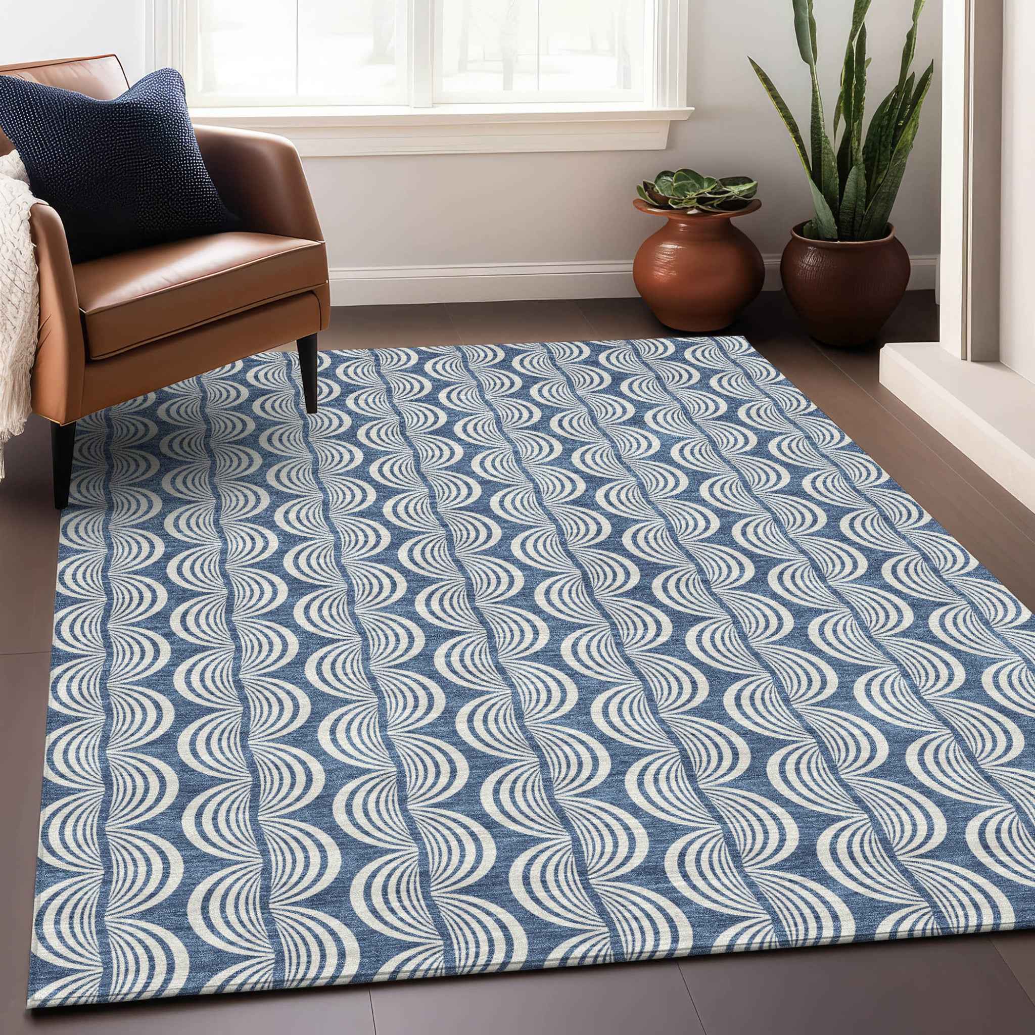 8' X 10' Denim Blue And Ivory Ogee Washable Indoor Outdoor Area Rug