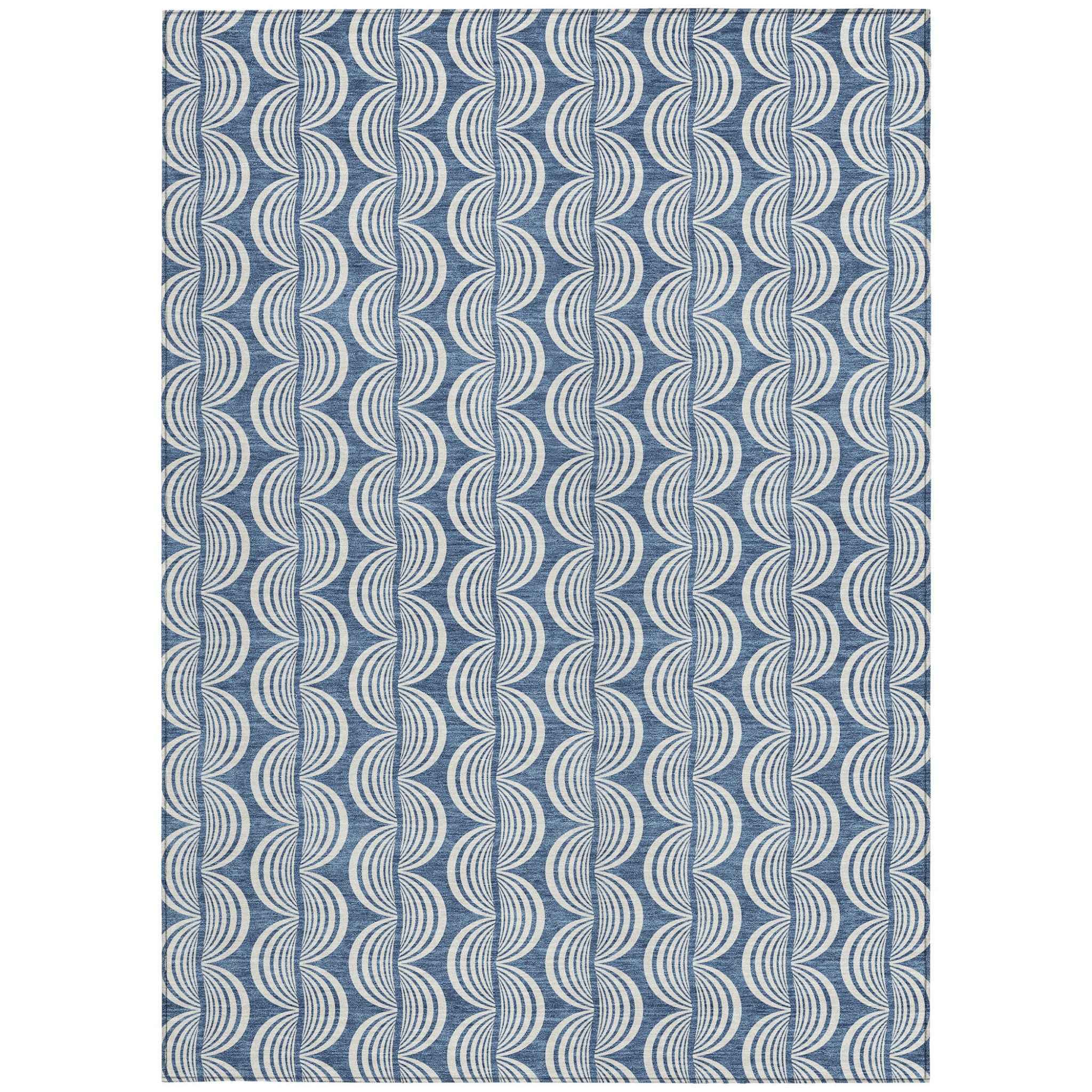 8' X 10' Denim Blue And Ivory Ogee Washable Indoor Outdoor Area Rug