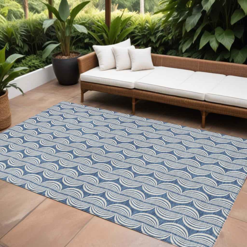 8' X 10' Denim Blue And Ivory Ogee Washable Indoor Outdoor Area Rug