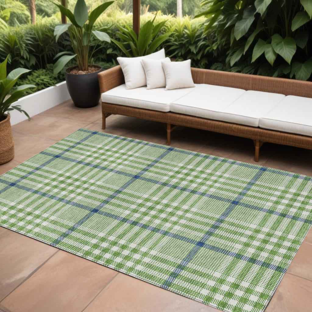 9' X 12' Green And Ivory Plaid Washable Indoor Outdoor Area Rug