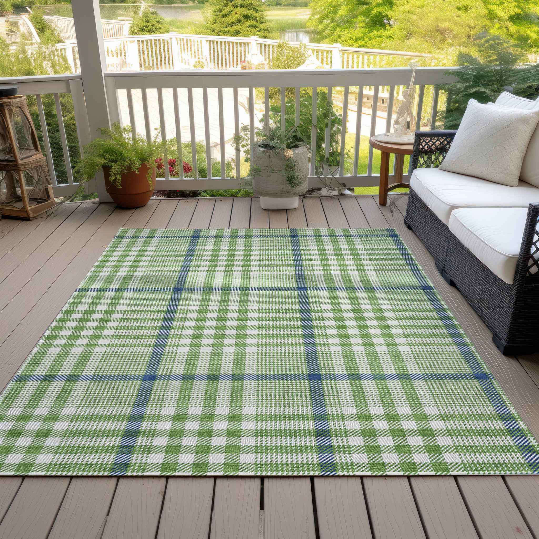 9' X 12' Green And Ivory Plaid Washable Indoor Outdoor Area Rug
