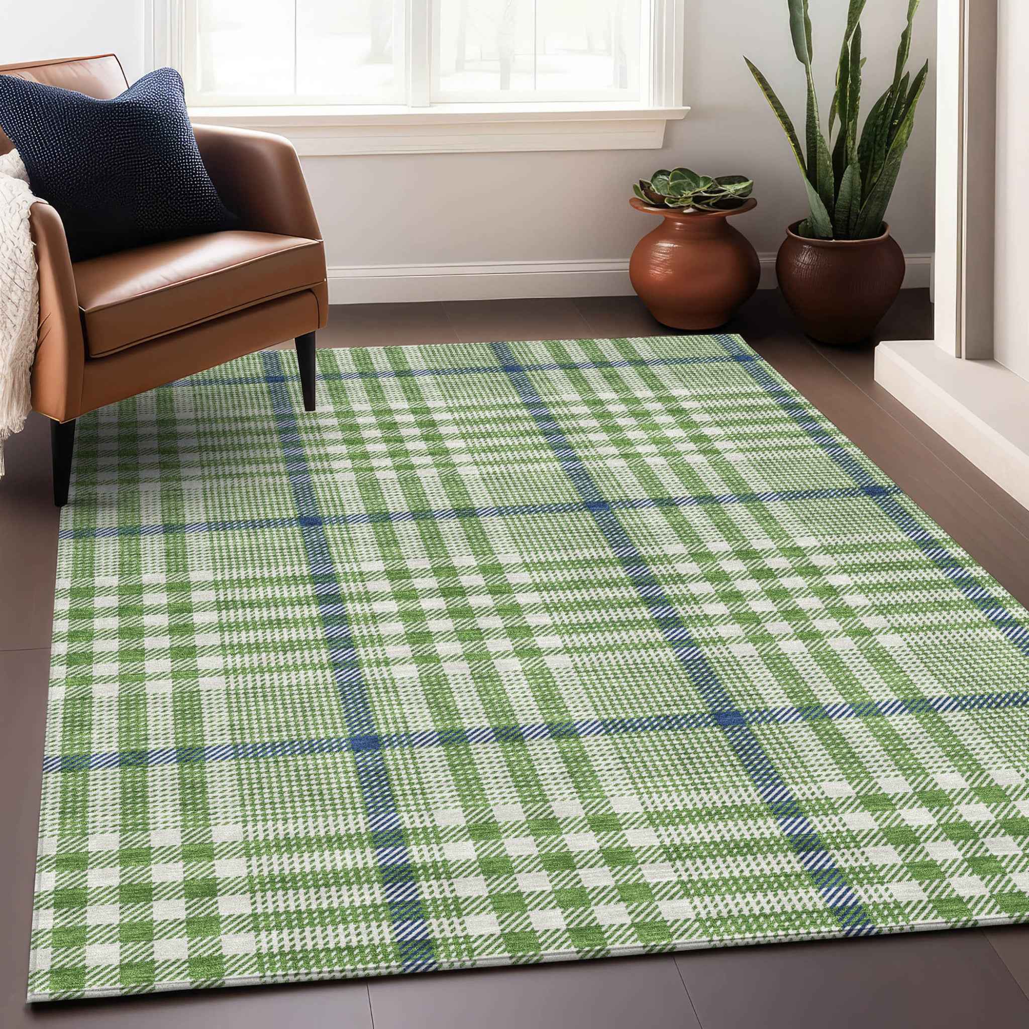 9' X 12' Green And Ivory Plaid Washable Indoor Outdoor Area Rug