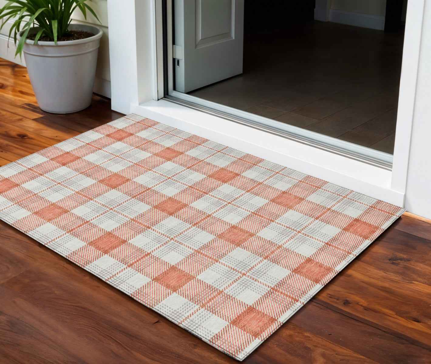 3' X 5' Coral And Beige Plaid Washable Indoor Outdoor Area Rug