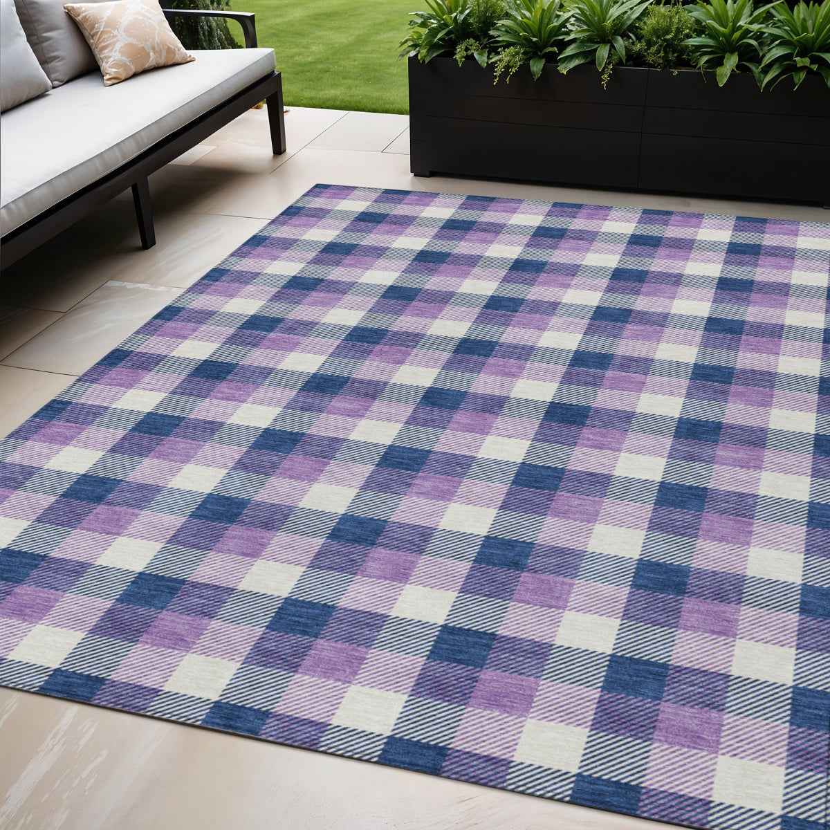 5' X 8' Navy Blue Purple And Beige Plaid Washable Indoor Outdoor Area Rug