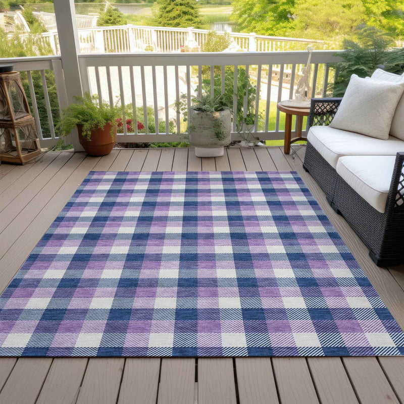 5' X 8' Navy Blue Purple And Beige Plaid Washable Indoor Outdoor Area Rug