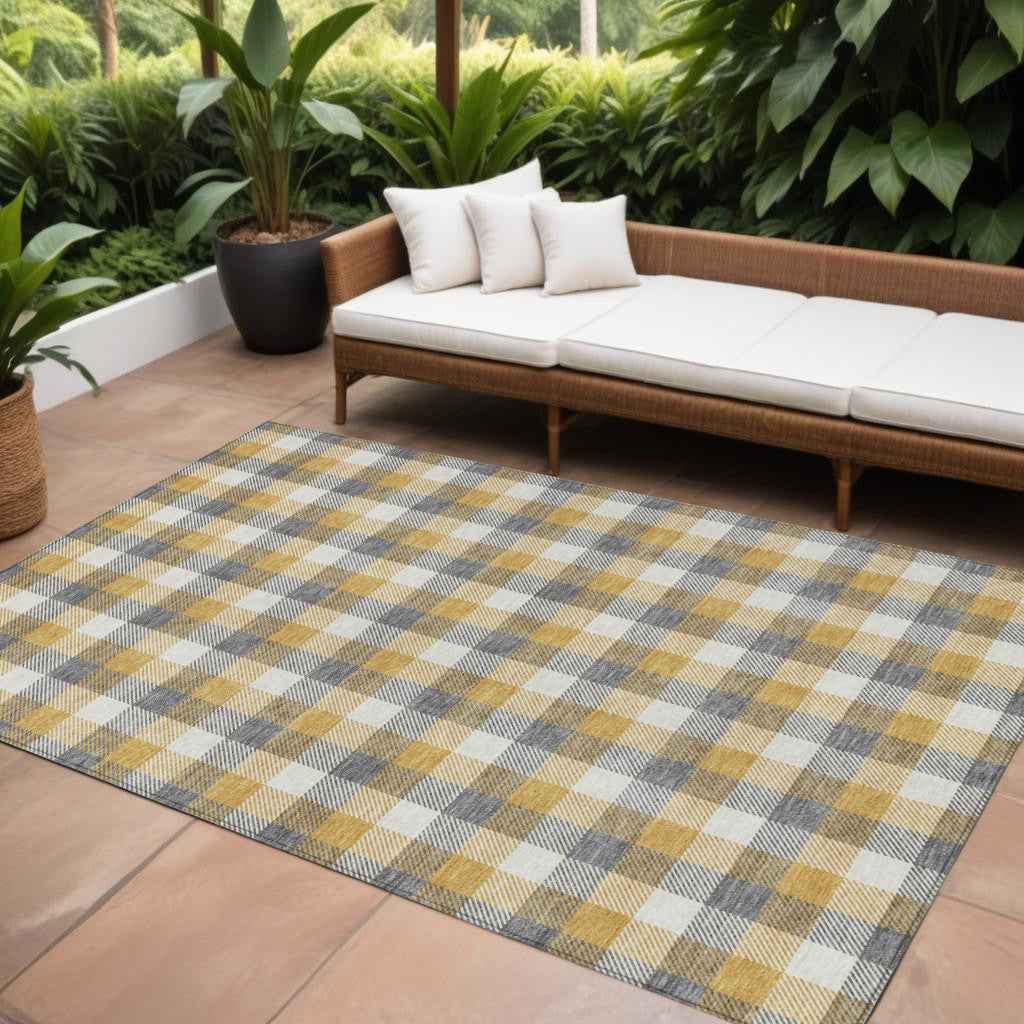 9' X 12' Gray Tan And Beige Plaid Washable Indoor Outdoor Area Rug
