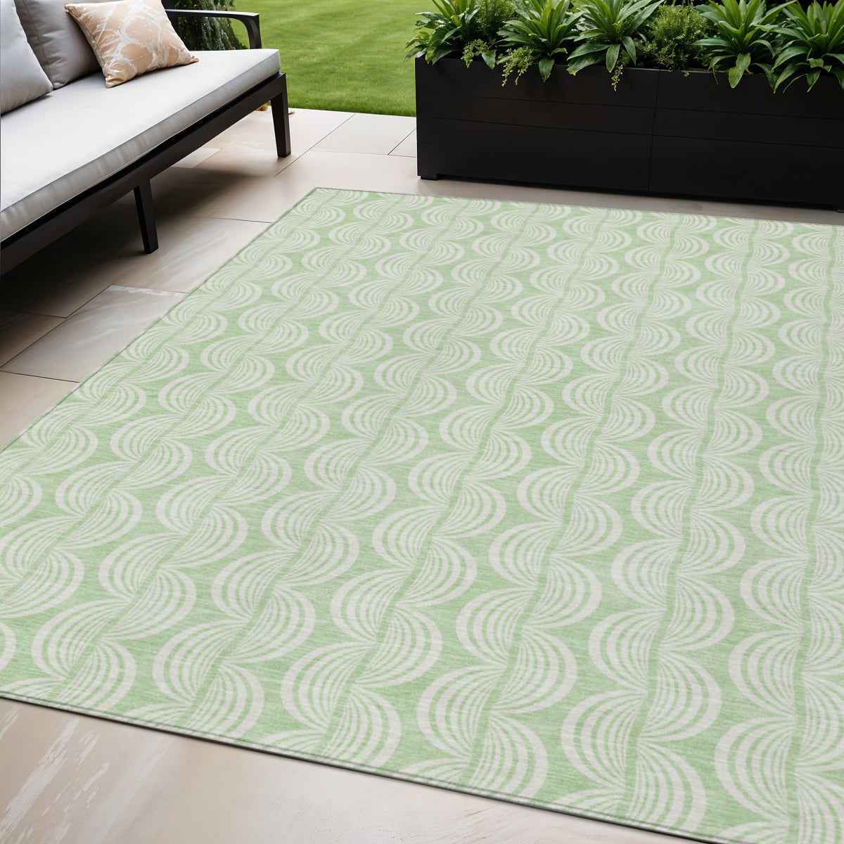 5' X 8' Mint Green And Beige Ogee Washable Indoor Outdoor Area Rug