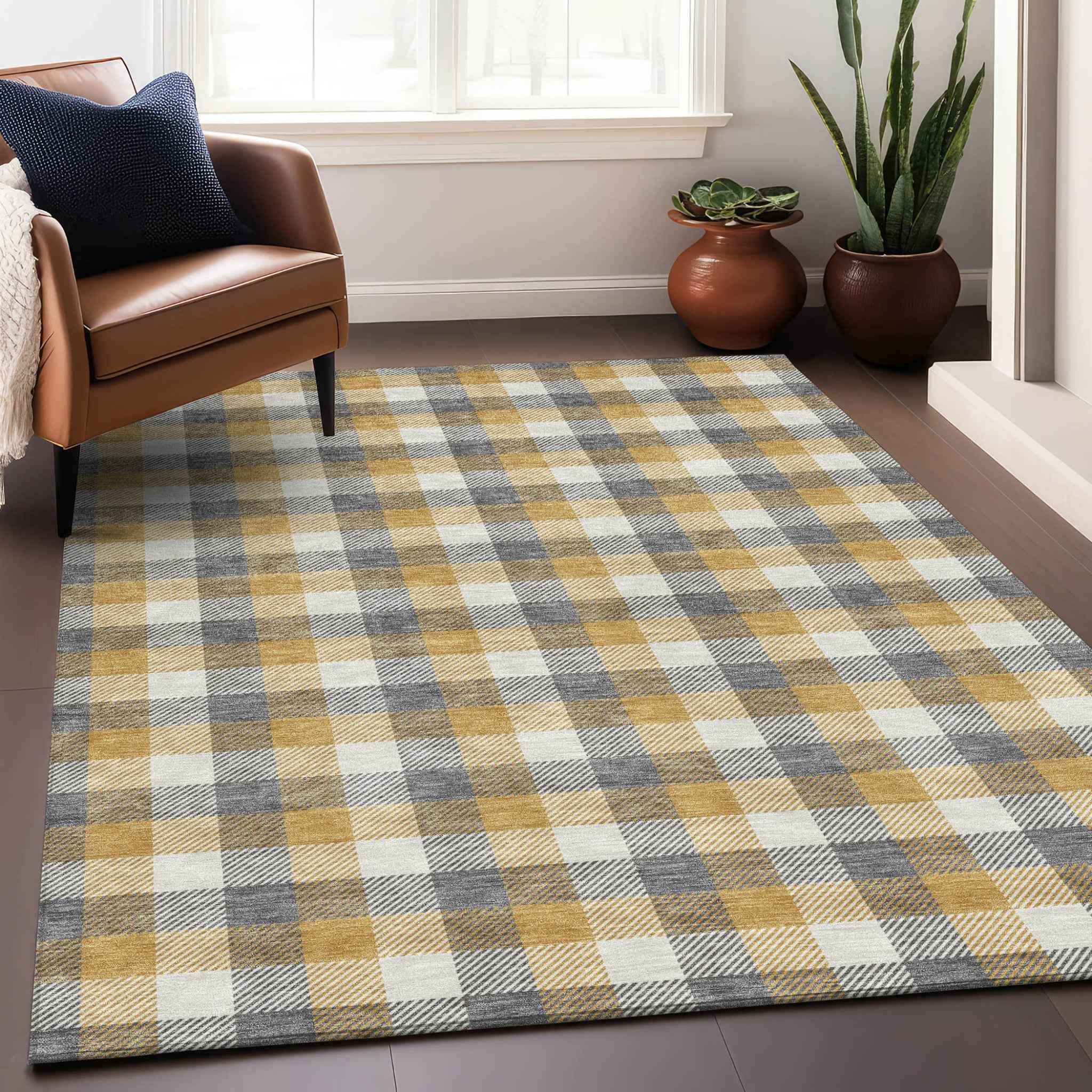 9' X 12' Gray Tan And Beige Plaid Washable Indoor Outdoor Area Rug