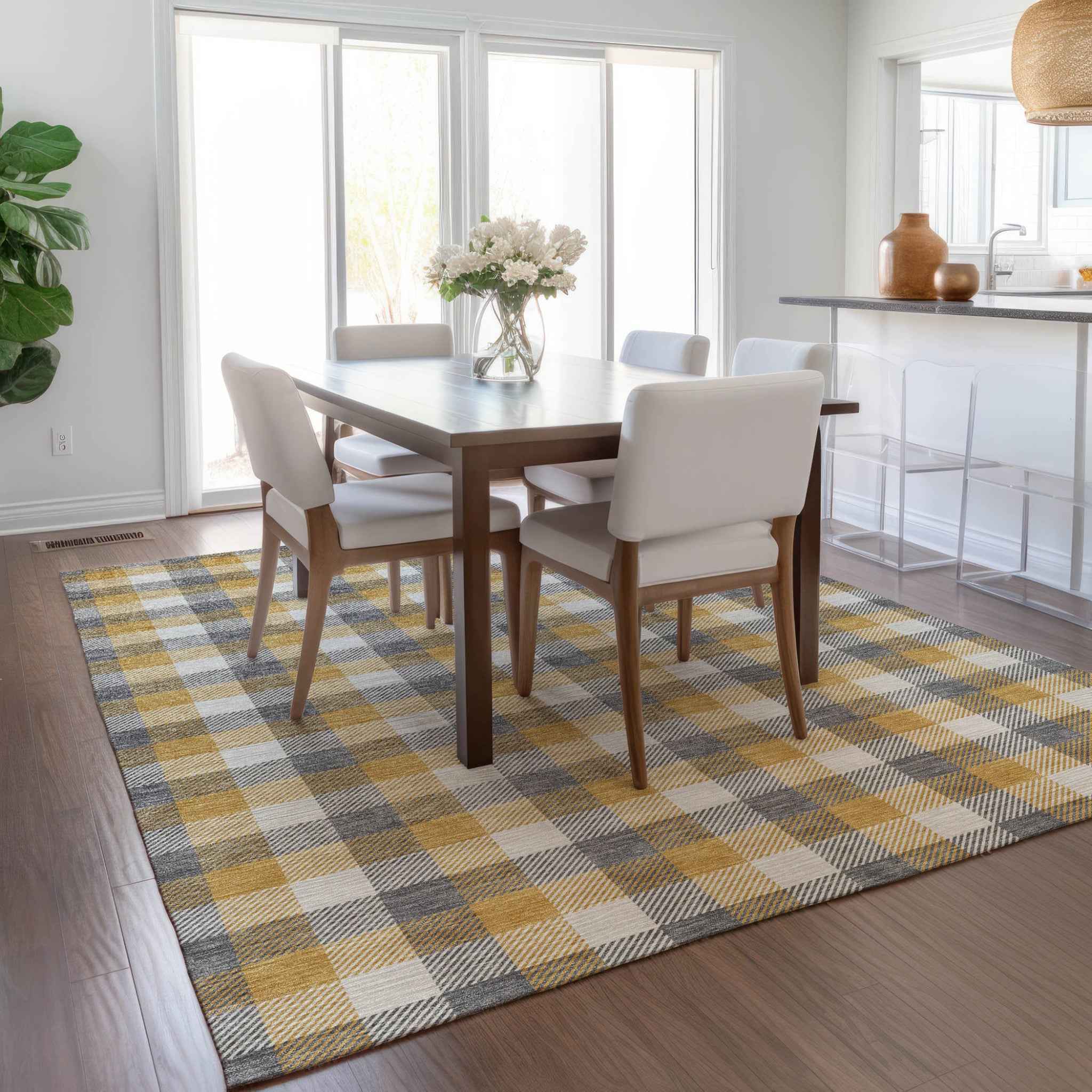 9' X 12' Gray Tan And Beige Plaid Washable Indoor Outdoor Area Rug