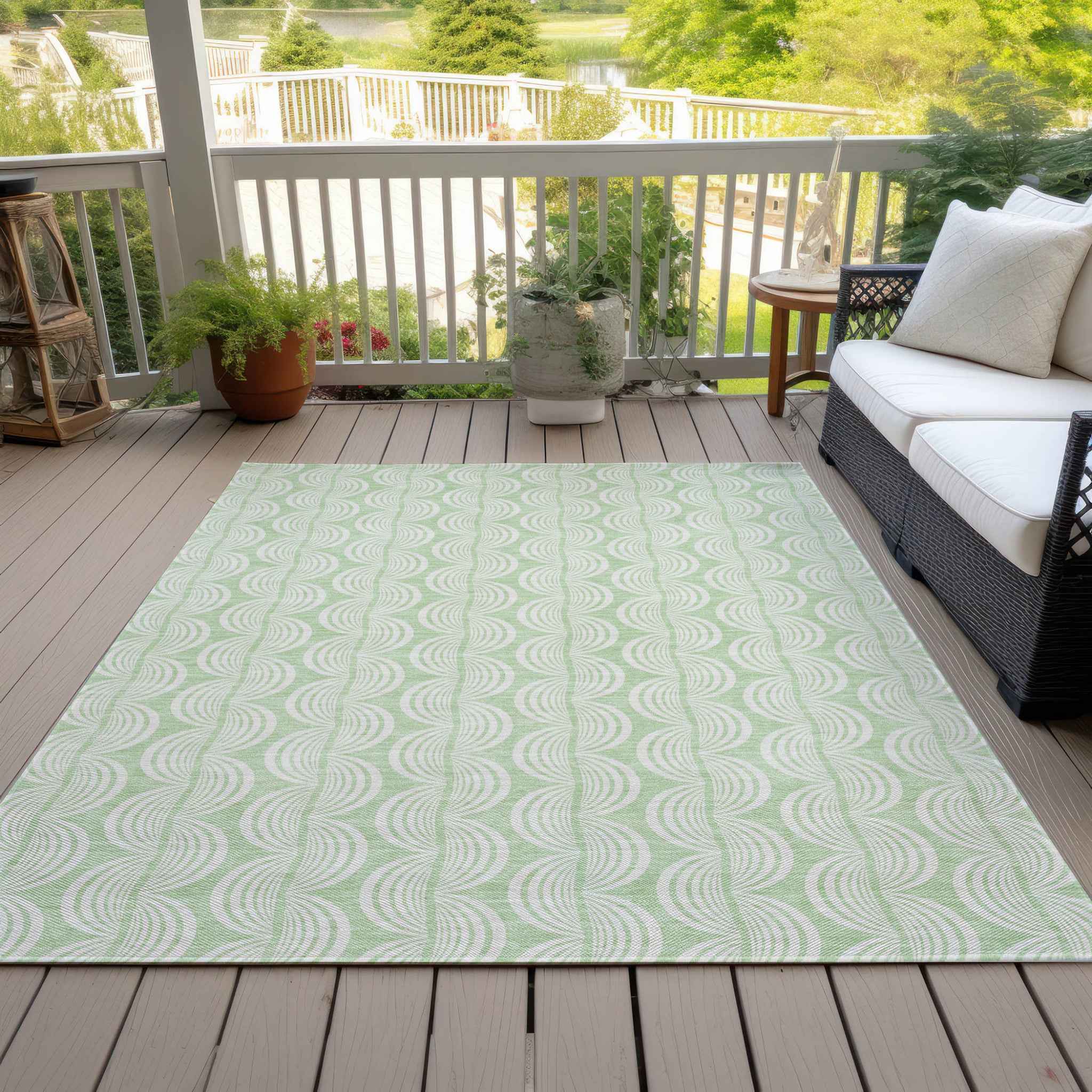 5' X 8' Mint Green And Beige Ogee Washable Indoor Outdoor Area Rug