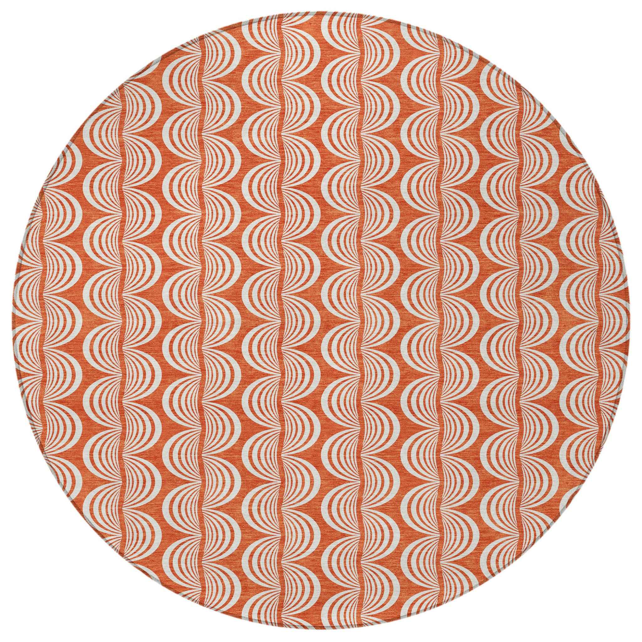 8' Coral And Beige Round Ogee Washable Indoor Outdoor Area Rug