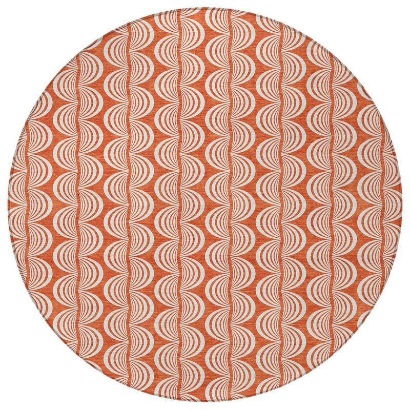 8' Coral And Beige Round Ogee Washable Indoor Outdoor Area Rug