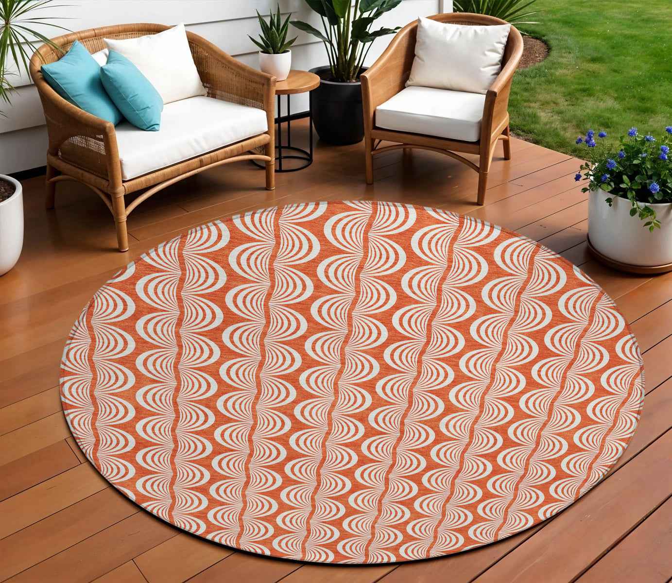 8' Coral And Beige Round Ogee Washable Indoor Outdoor Area Rug