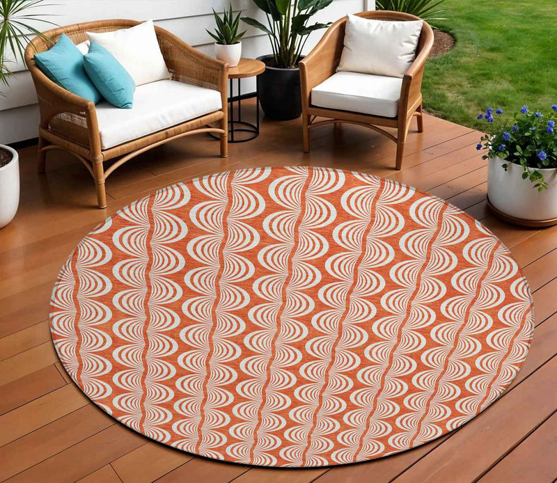 8' Coral And Beige Round Ogee Washable Indoor Outdoor Area Rug