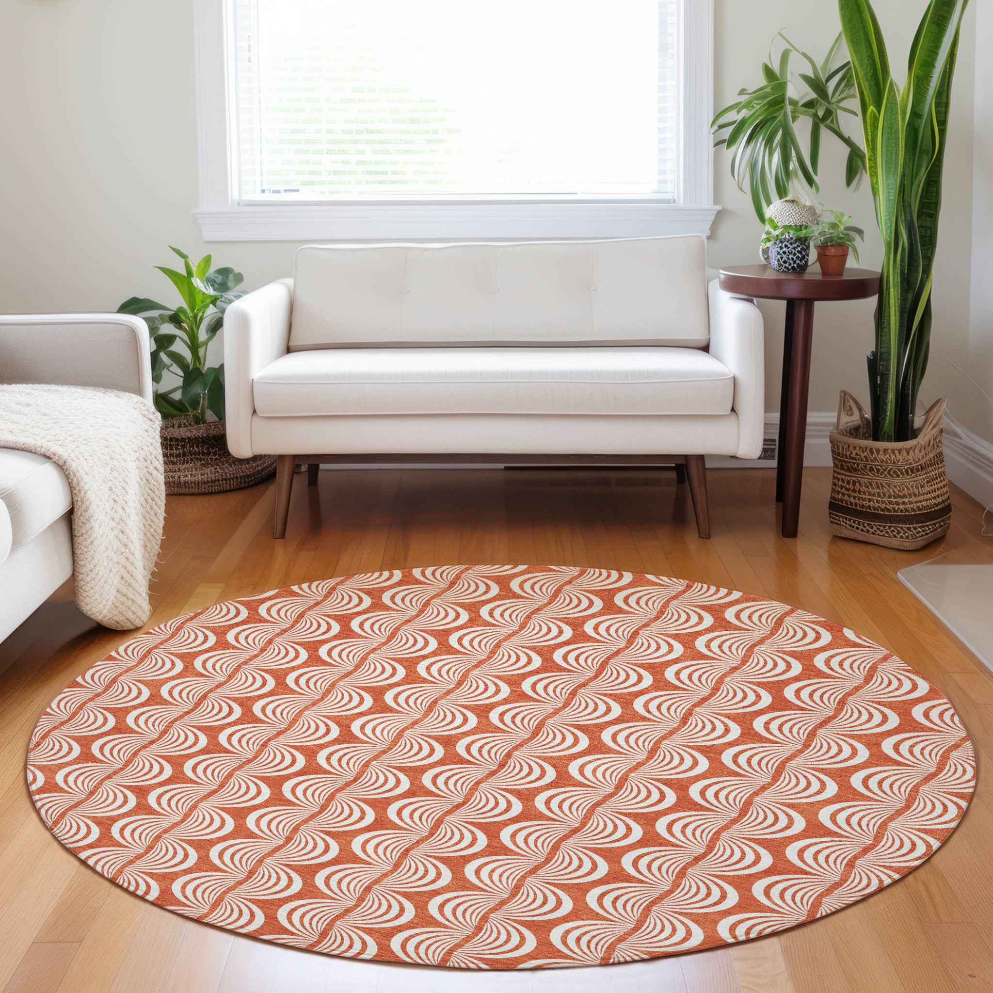 8' Coral And Beige Round Ogee Washable Indoor Outdoor Area Rug
